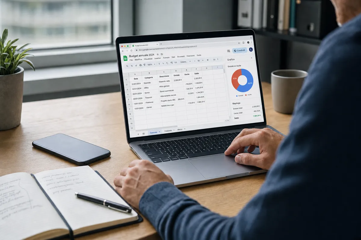 Persona al computer con foglio di calcolo aperto e grafico a torta, su scrivania con telefono e taccuino