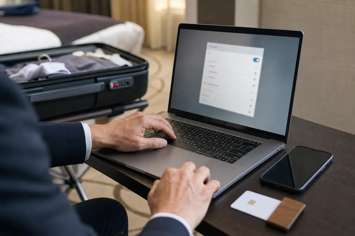 Mani su un portatile con schermata Wi‑Fi sfocata, smartphone e tessera, valigia aperta sullo sfondo in una stanza d’hotel
