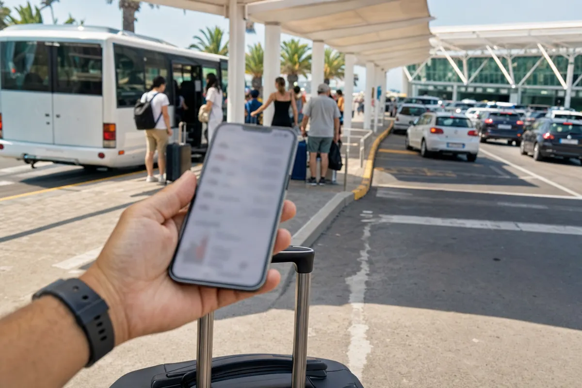 Mano con smartphone e trolley in primo piano, navetta e auto in coda all’area arrivi di un aeroporto