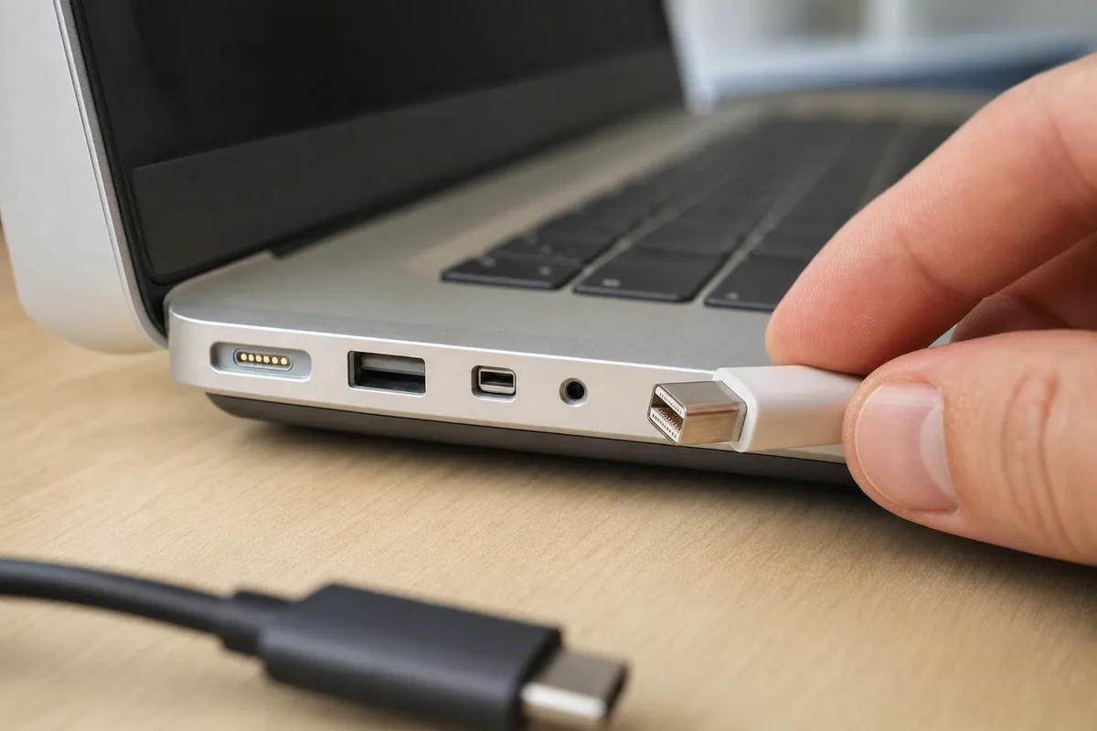 Mano avvicina un connettore Mini DisplayPort a una porta laterale di un laptop, con cavo USB-C sfocato in primo piano