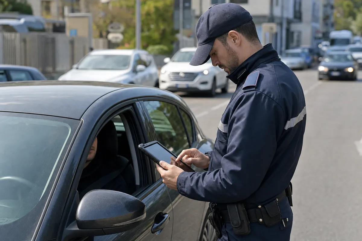 Agente di polizia controlla i dati su un tablet al finestrino di un’auto durante un posto di blocco in città