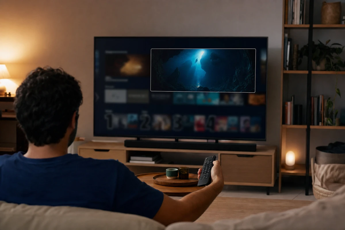 Persona sul divano con telecomando davanti alla TV che mostra un catalogo streaming e un thriller subacqueo