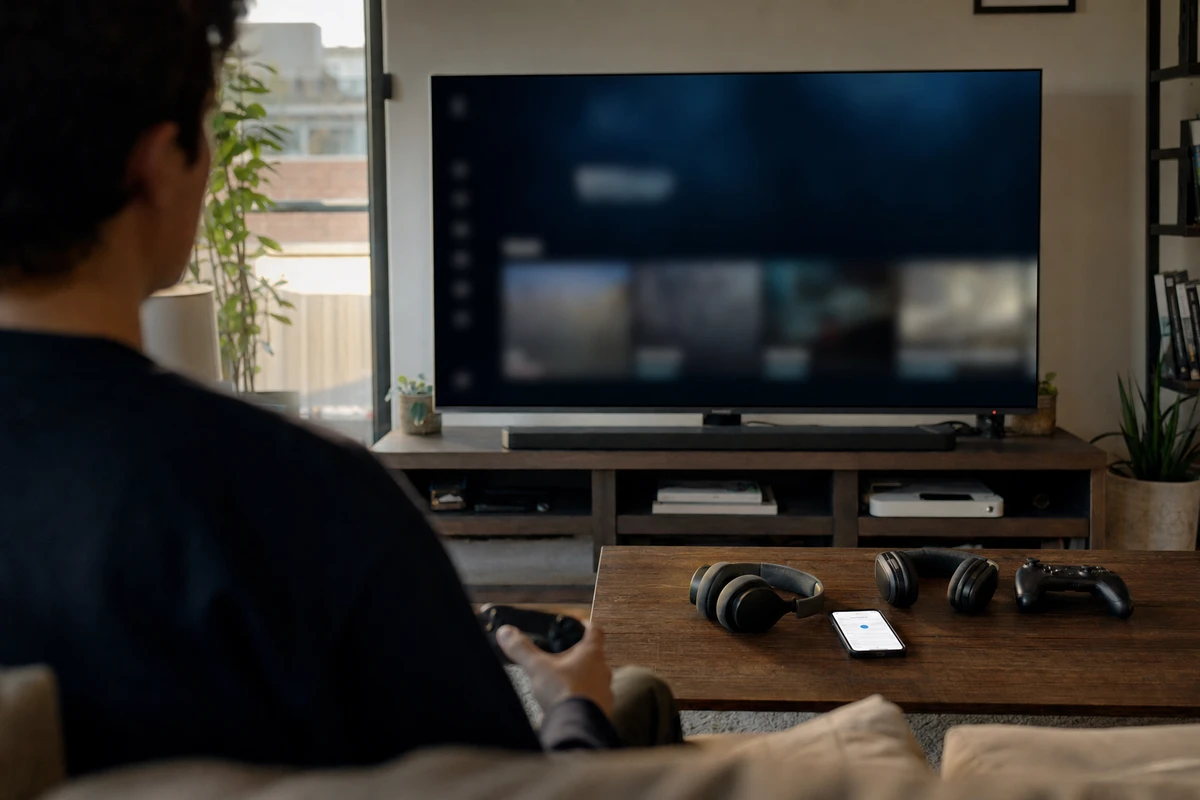 Persona sul divano con controller davanti a una TV con interfaccia sfocata, cuffie e smartphone sul tavolo