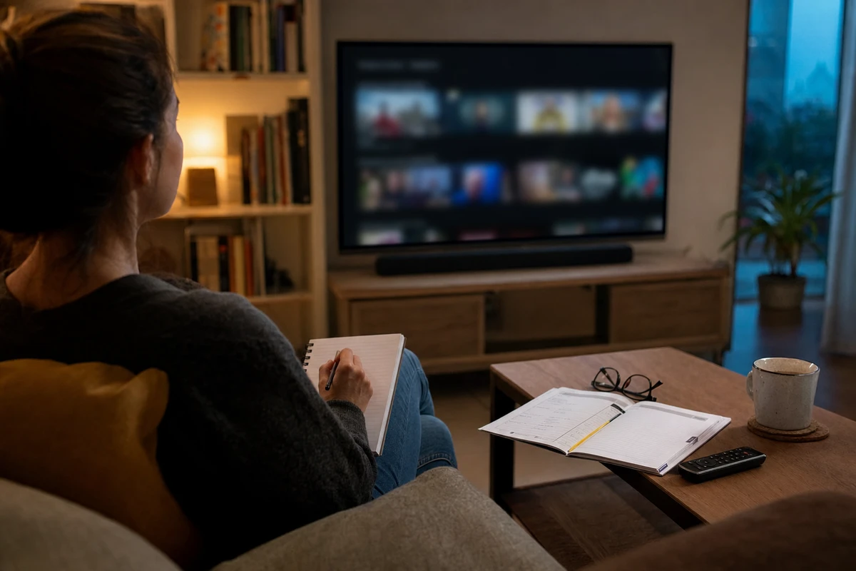 Persona sul divano prende appunti guardando una TV con interfaccia di streaming sfocata, con agenda e telecomando sul tavolino