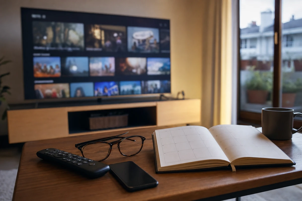 Telecomando, occhiali e agenda aperta sul tavolino, con TV sullo sfondo e tazza vicino alla finestra