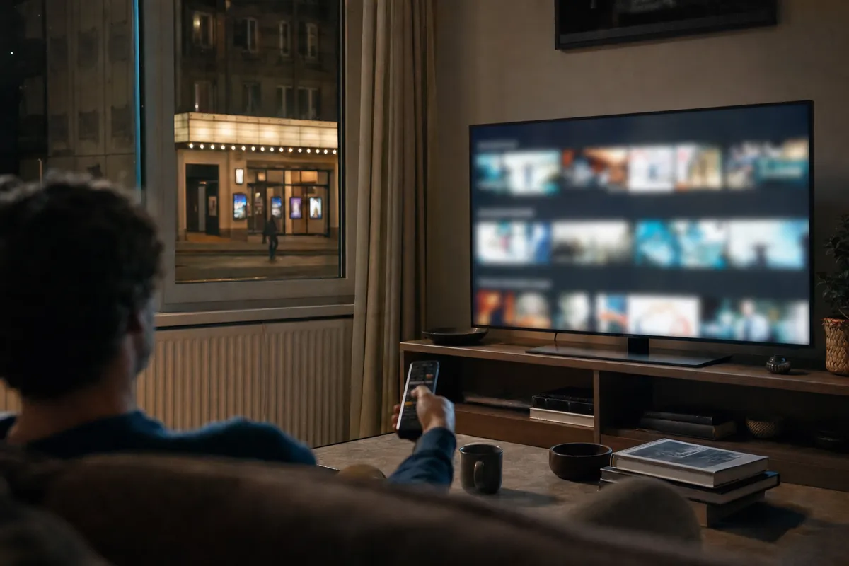 Persona sul divano con telecomando davanti a una TV con menu streaming sfocato; fuori dalla finestra si vede un cinema