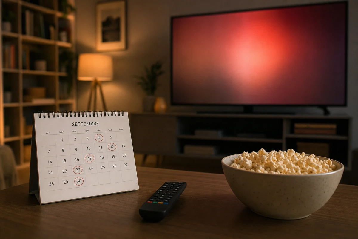 Calendario di settembre con date cerchiate, telecomando e ciotola di popcorn davanti a una TV accesa