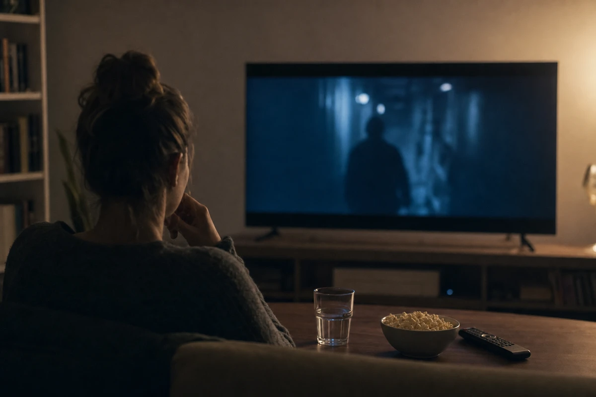 Persona sul divano guarda una scena thriller sfocata in TV, con popcorn, bicchiere d’acqua e telecomando sul tavolo