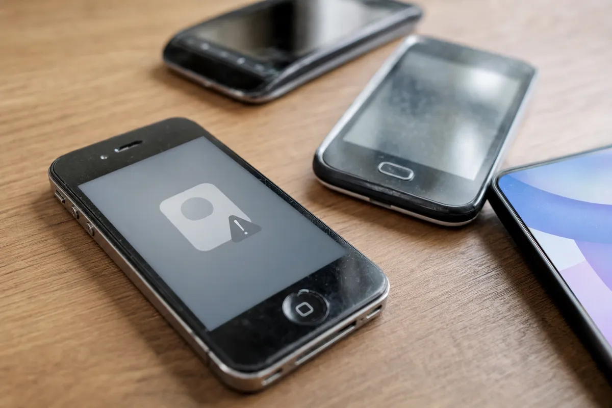 Vecchi smartphone su scrivania in legno, uno con icona di avviso sullo schermo che indica un problema di compatibilità