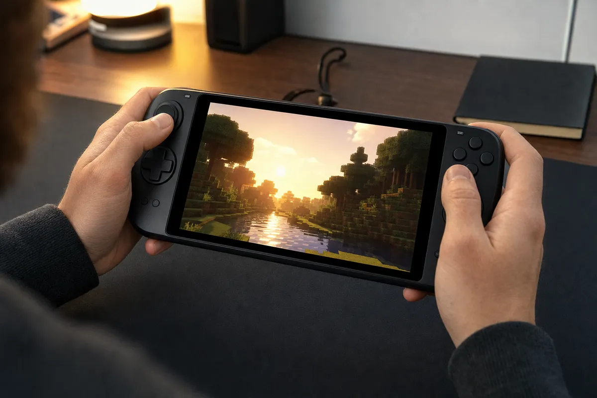 Persona tiene una console portatile su scrivania con un gioco a blocchi al tramonto sullo schermo