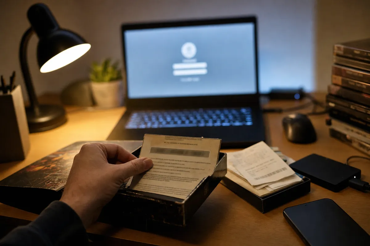 Mano con codice di attivazione su carta vicino a laptop con schermata di accesso sfocata, ricevute e hard disk esterno