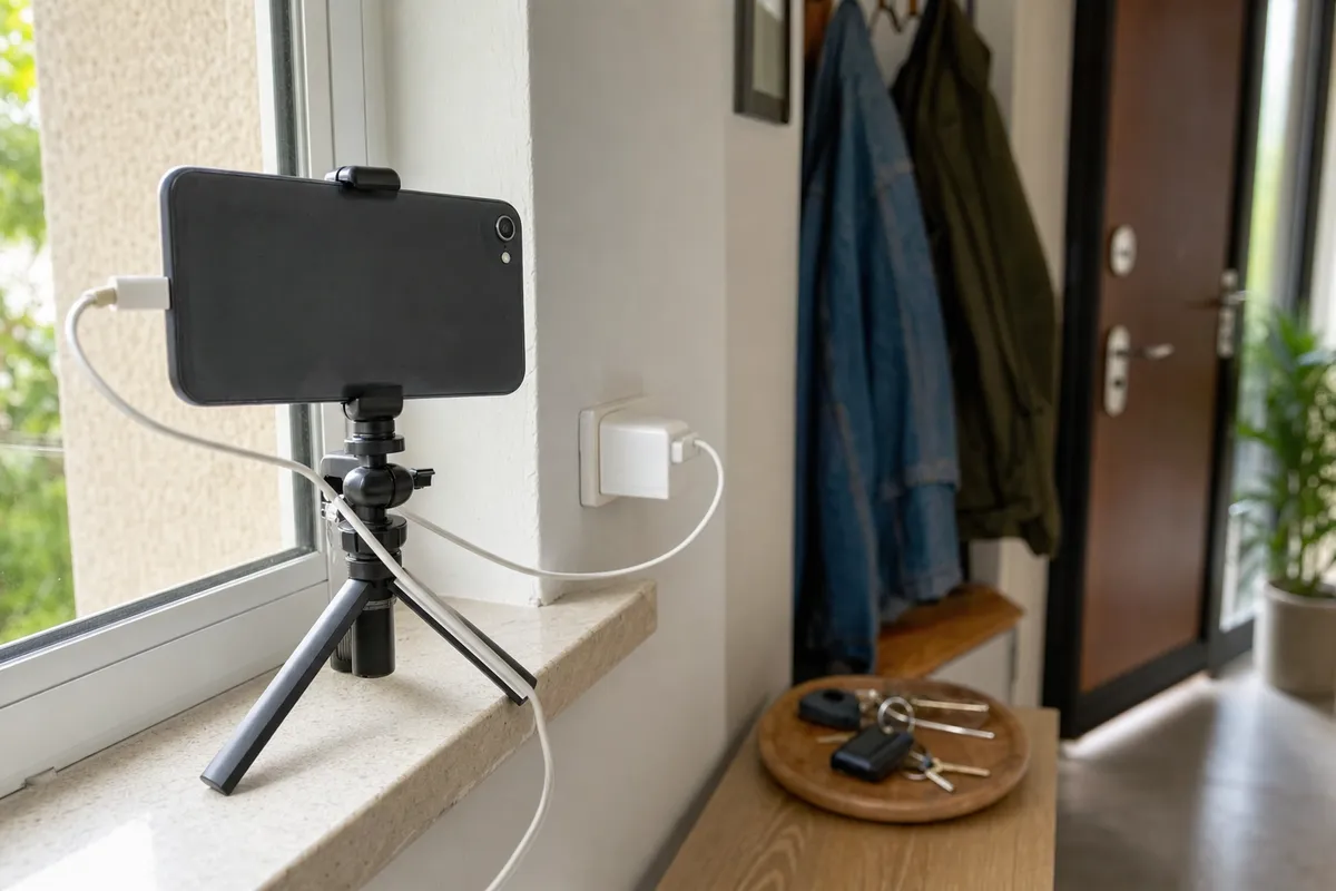 Vecchio smartphone su mini treppiede vicino a una finestra, collegato alla presa e puntato verso l’ingresso