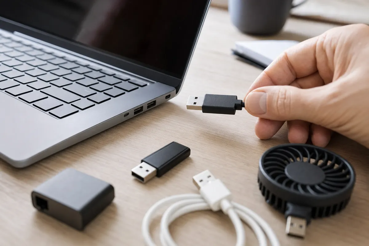 Mano con cavo USB vicino alle porte di un laptop, con chiavetta, adattatore e piccola ventola USB sul tavolo