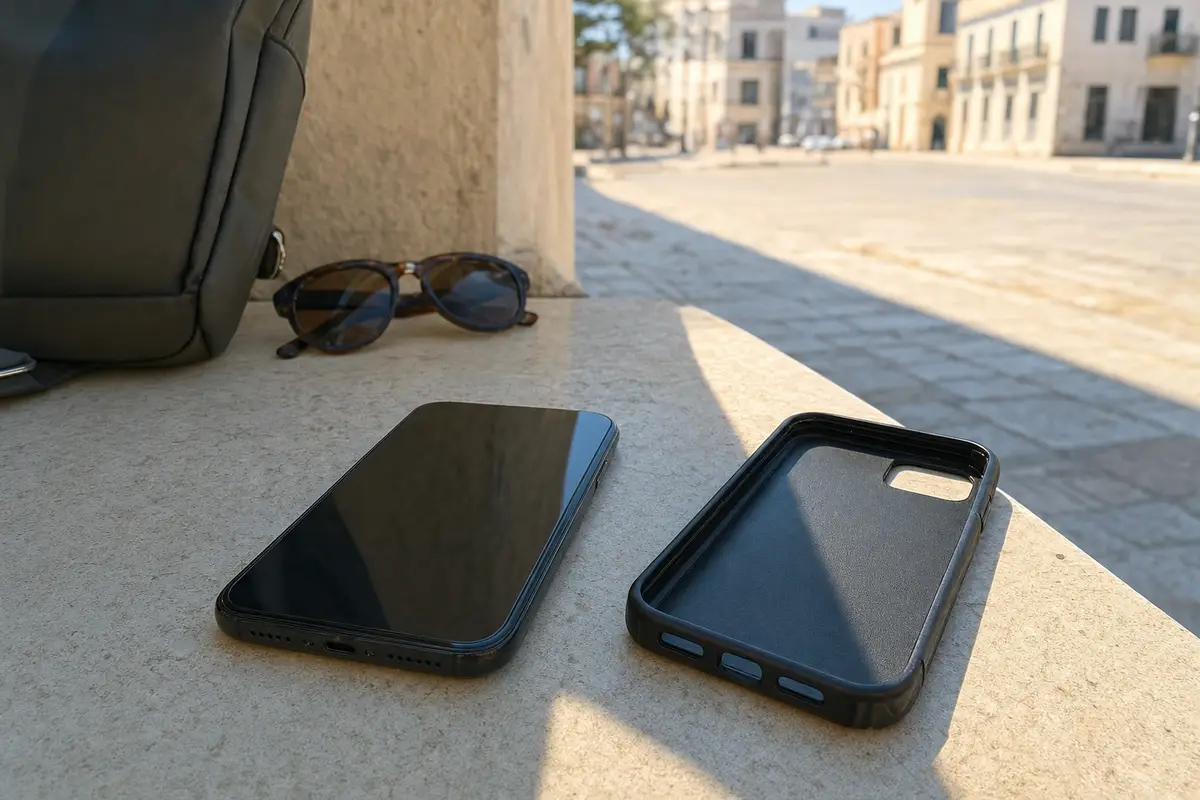 Smartphone e cover rimossa su un tavolo in pietra, con sole e ombra a contrasto e palazzi sfocati sullo sfondo