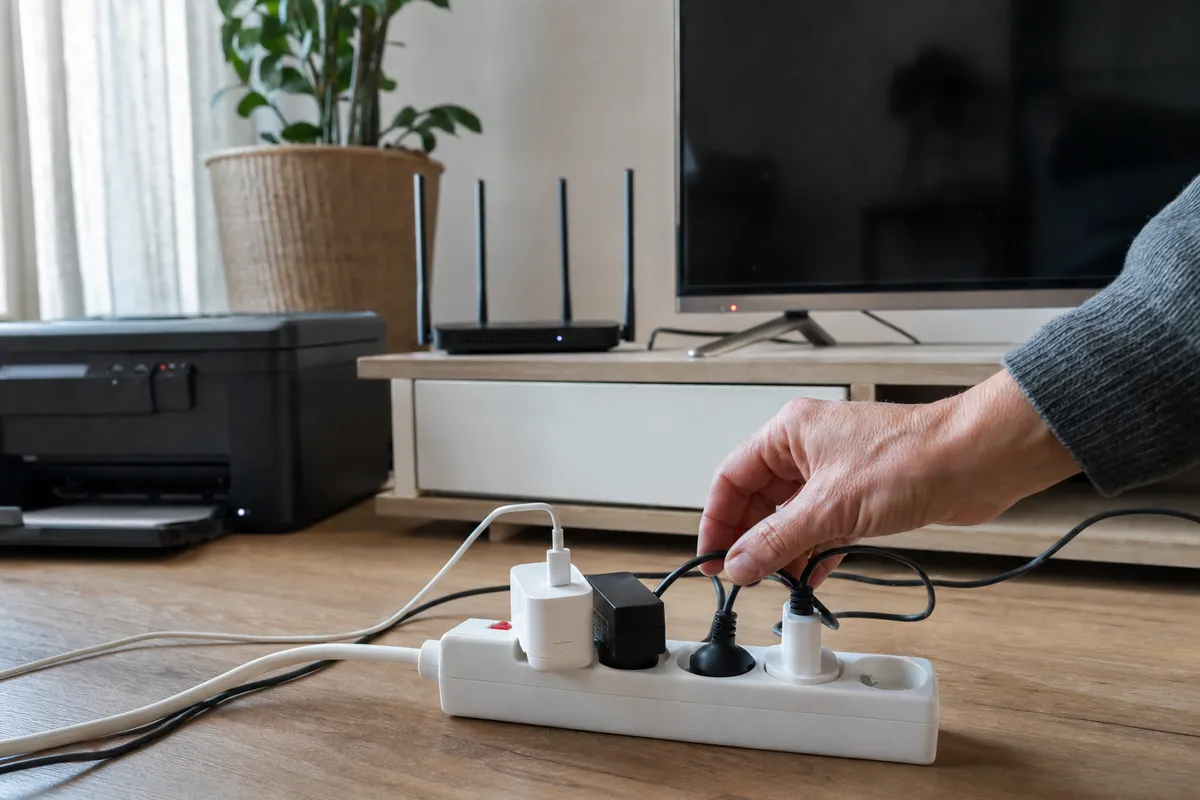 Mano che sta per staccare una spina da una ciabatta, con router Wi‑Fi, TV spenta e stampante sullo sfondo