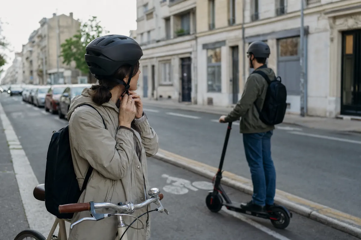 Donna con casco sistema il cinturino accanto a una bici, mentre un uomo con casco è su un monopattino in strada