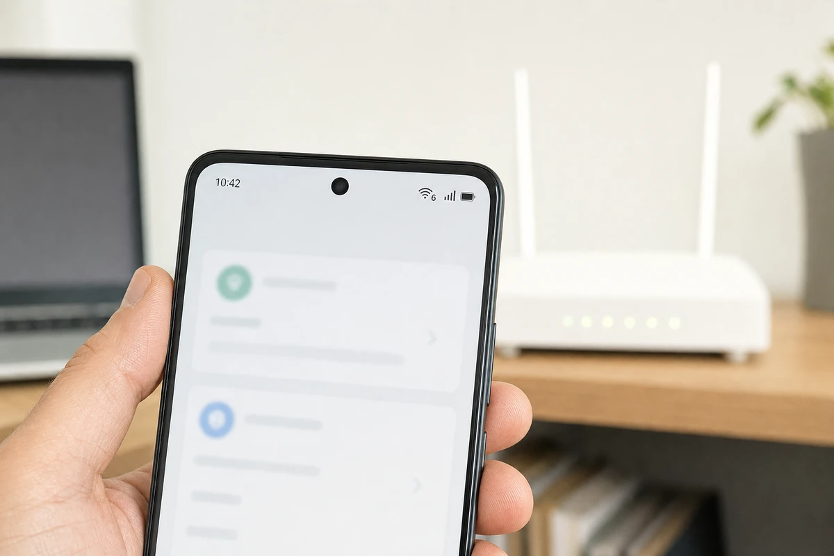 Smartphone Android in mano con icona Wi‑Fi e numero 6 nella barra di stato, router sfocato sullo sfondo