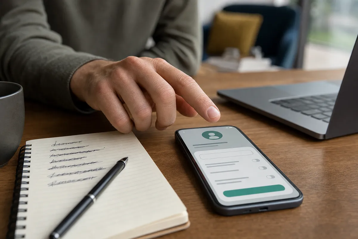 Mano che indica uno smartphone con schermata impostazioni profilo, accanto a taccuino con nickname barrati su scrivania