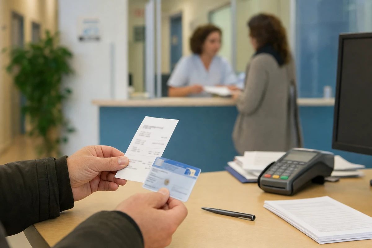 Mani di un paziente con tessera sanitaria e ricevuta in un ambulatorio, con POS e moduli su una scrivania