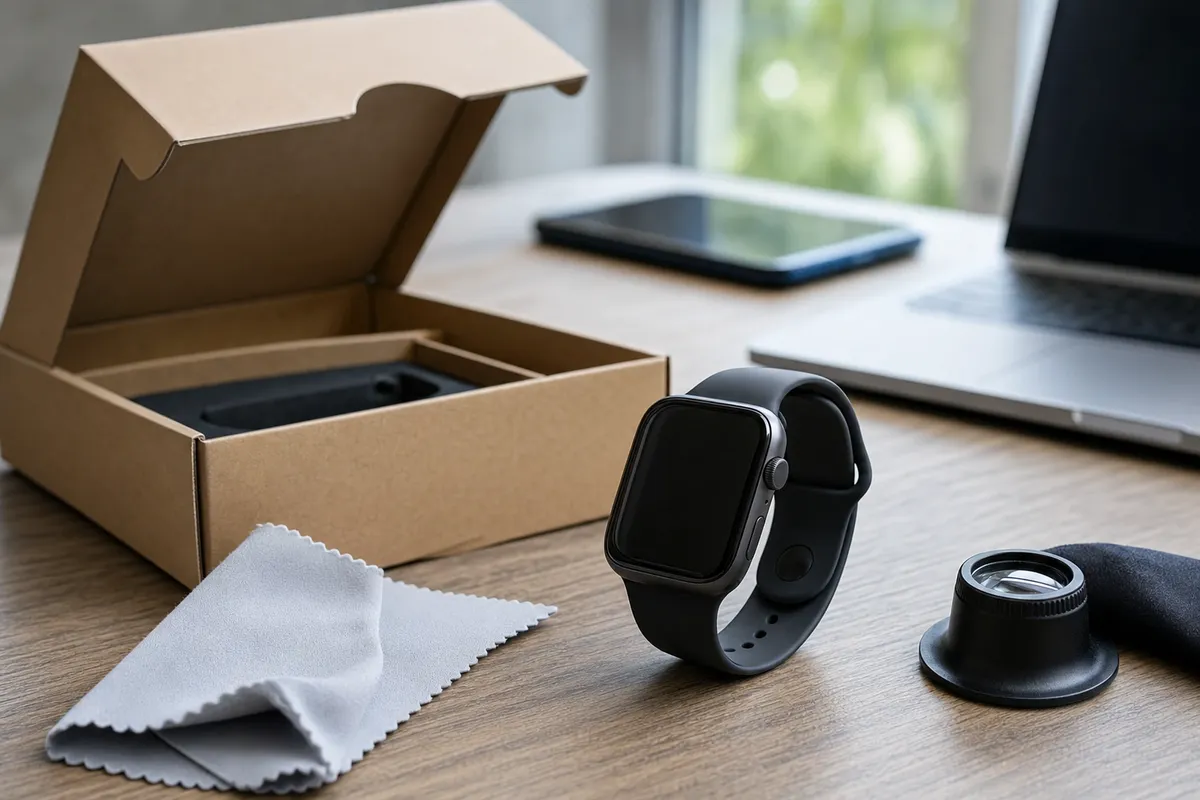 Smartwatch con cinturino nero su scrivania, accanto a scatola di cartone aperta, panno in microfibra e lente