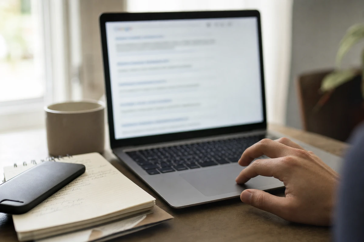 Mano sul trackpad di un laptop con risultati di ricerca sfocati sullo schermo, accanto a taccuino e smartphone