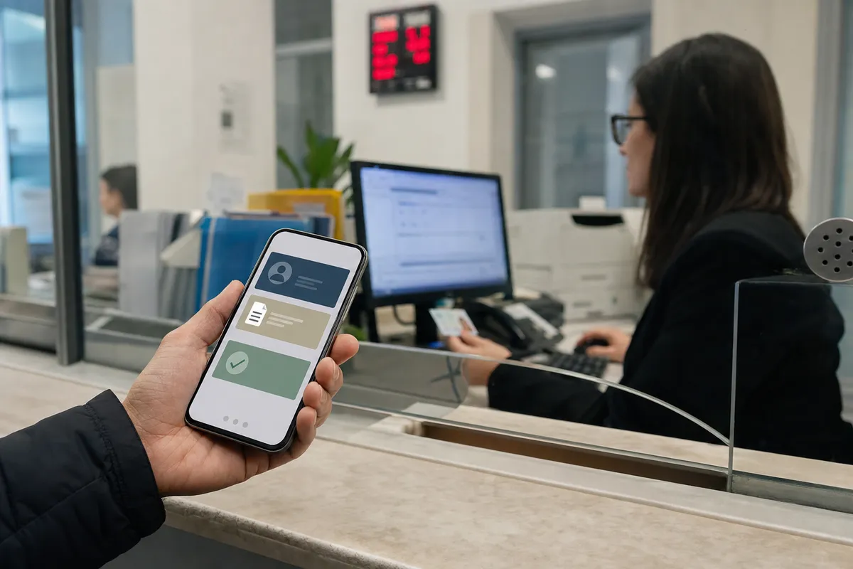 Mano che mostra uno smartphone con portafoglio digitale allo sportello di un ufficio pubblico con impiegata al computer