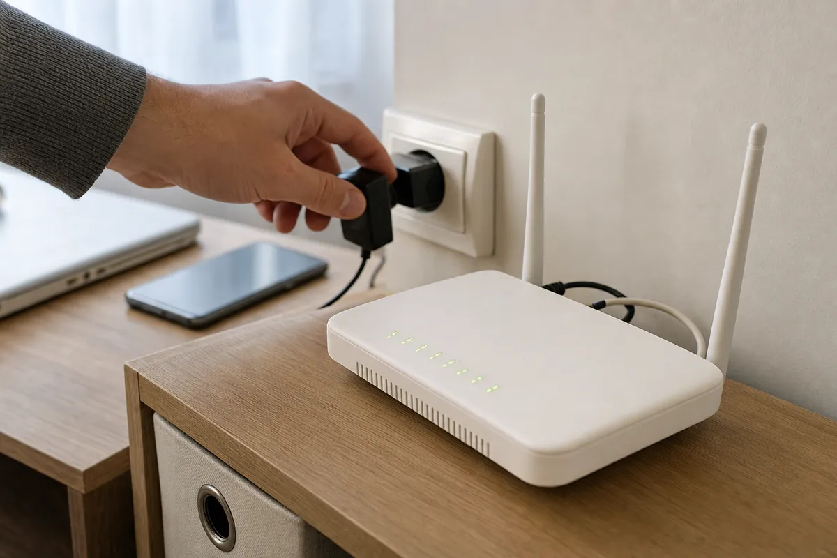 Mano che scollega l’alimentatore dalla presa vicino a un router Wi‑Fi bianco con luci verdi e due antenne
