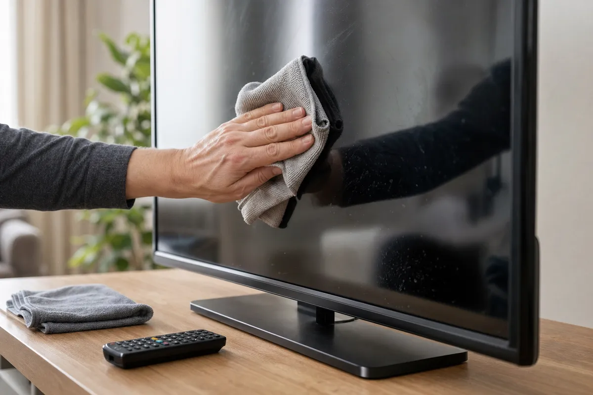 Mano che pulisce lo schermo spento di un televisore con un panno in microfibra, con telecomando sul mobile
