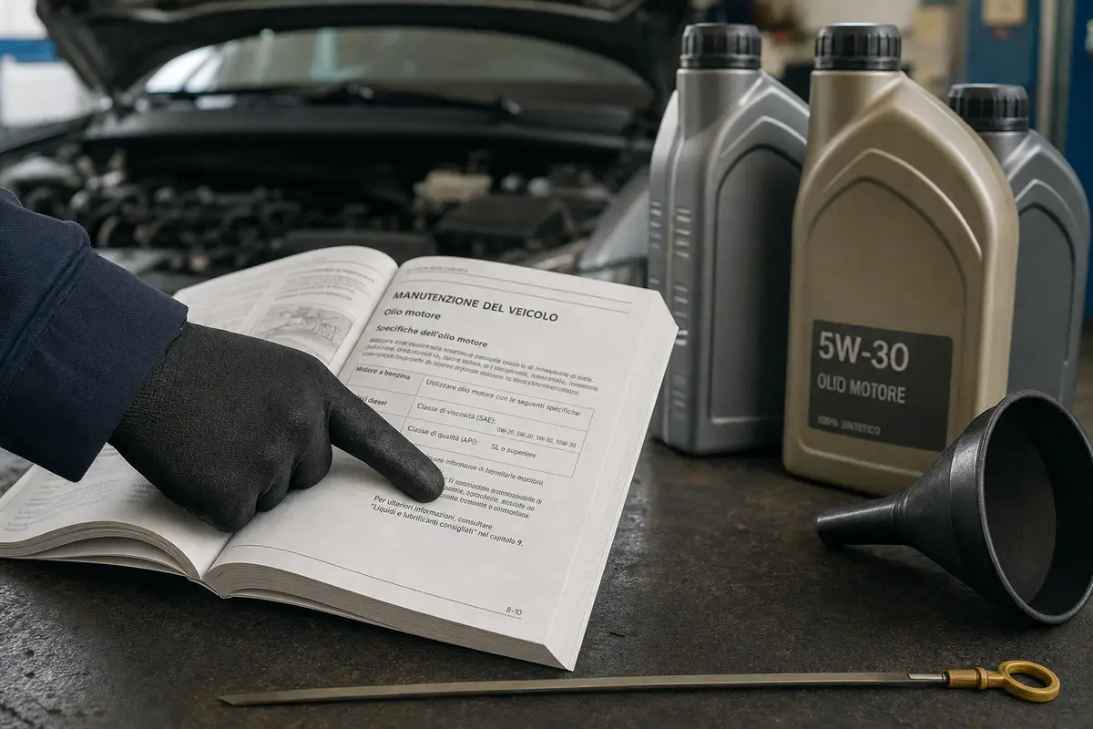 Mano con guanto indica le specifiche dell’olio sul manuale dell’auto accanto a taniche 5W-30, imbuto e astina
