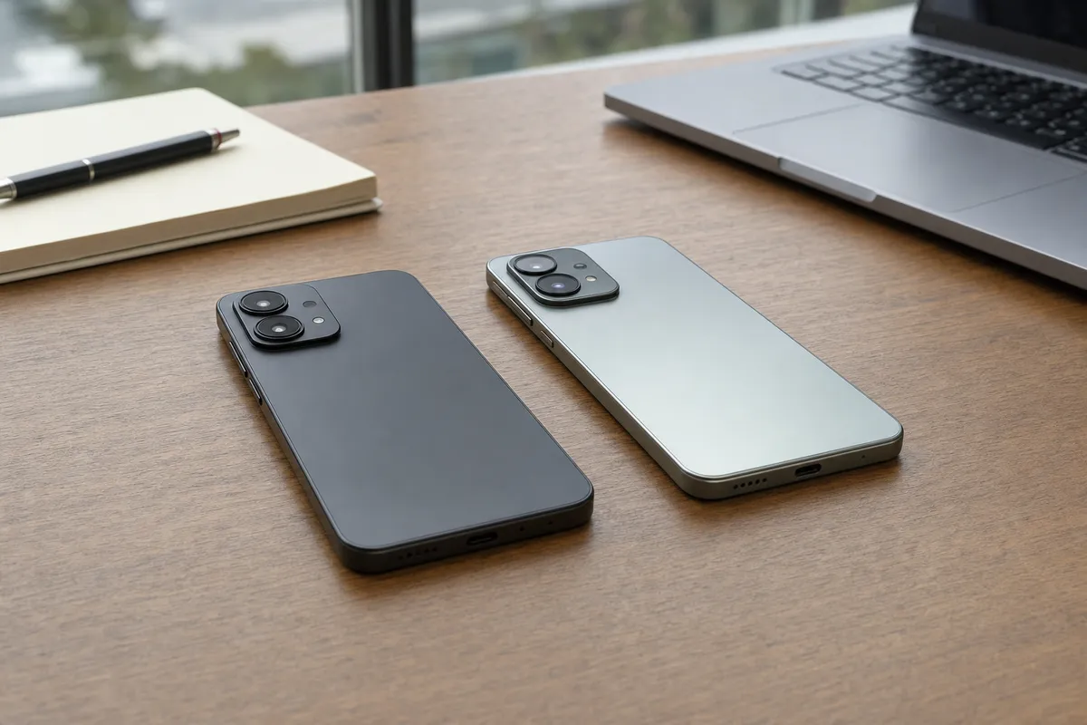 Due smartphone senza marchio affiancati su una scrivania, con taccuino e laptop sullo sfondo