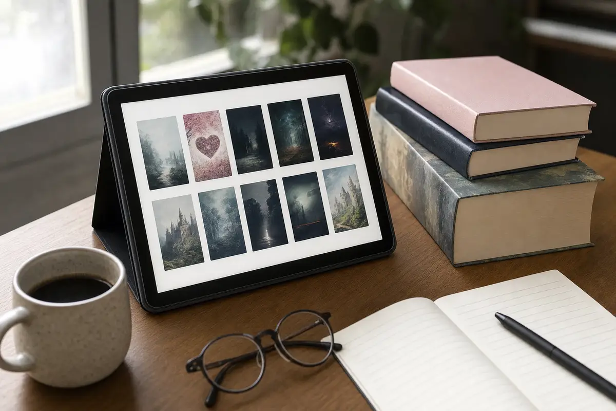Tablet con libreria digitale e miniature di copertine, accanto a pila di libri, tazza di caffè, occhiali e taccuino