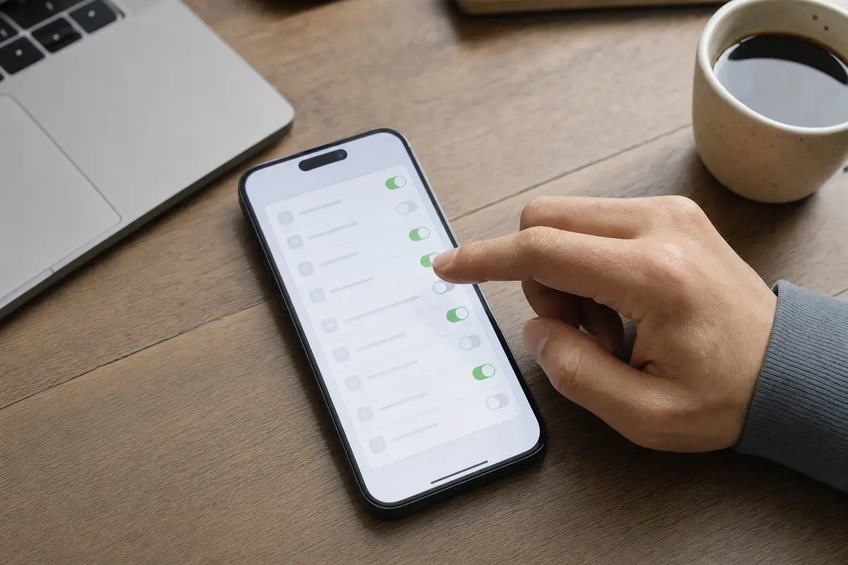 Mano che attiva un interruttore nelle impostazioni su smartphone su scrivania in legno, con laptop e tazza di caffè