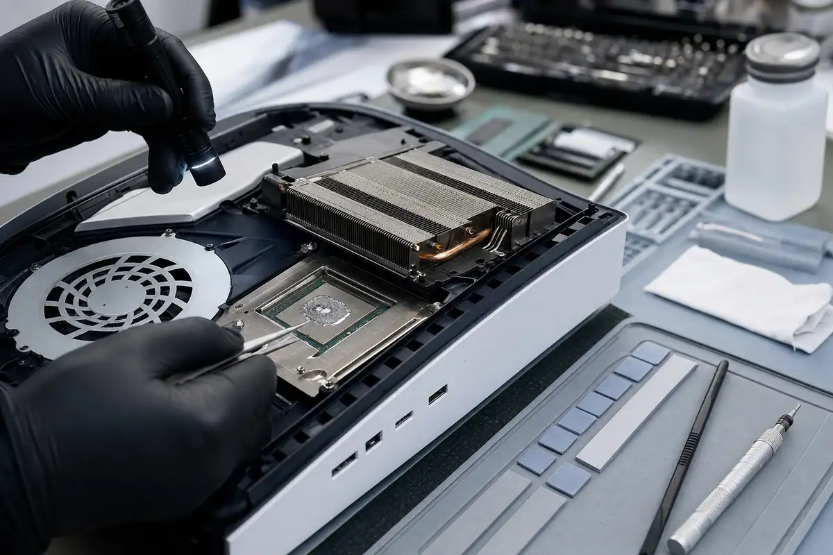 Tecnico con guanti ispeziona il chip e il dissipatore di una console aperta con torcia e pinzette