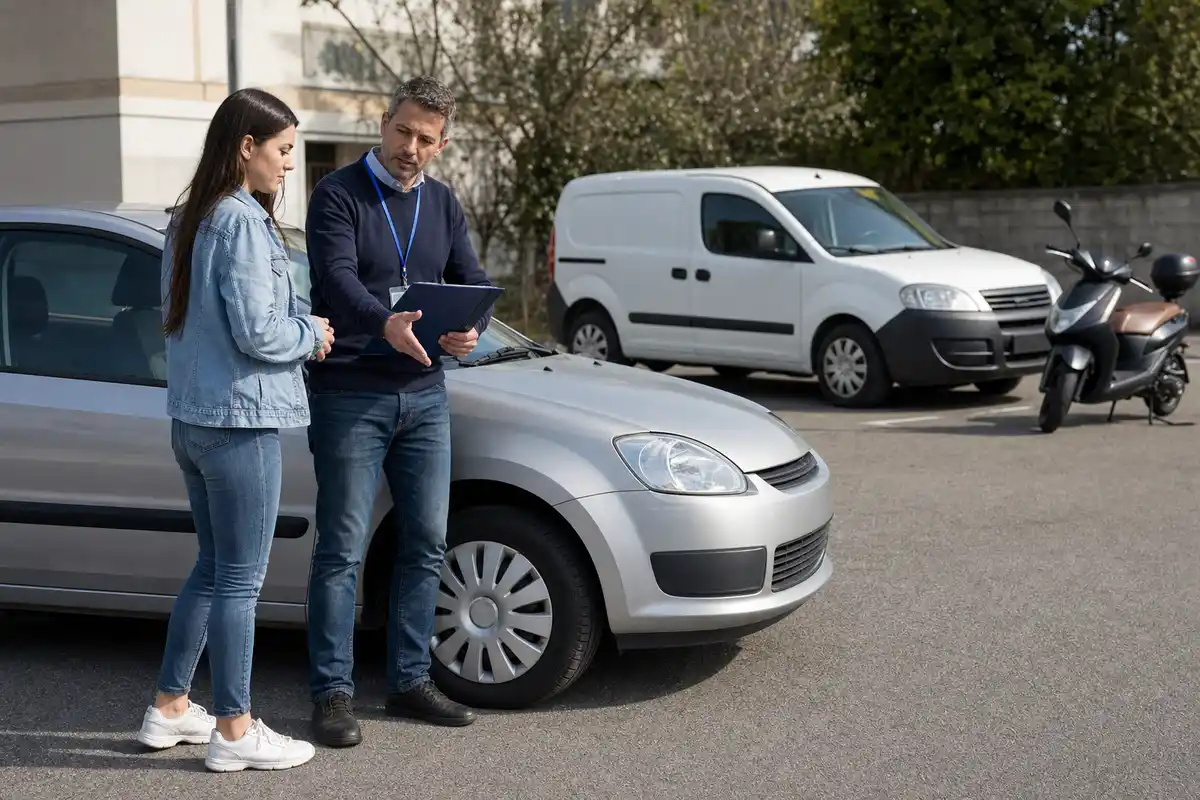 Istruttore e allieva accanto a un’auto compatta in parcheggio, con furgone e scooter sullo sfondo