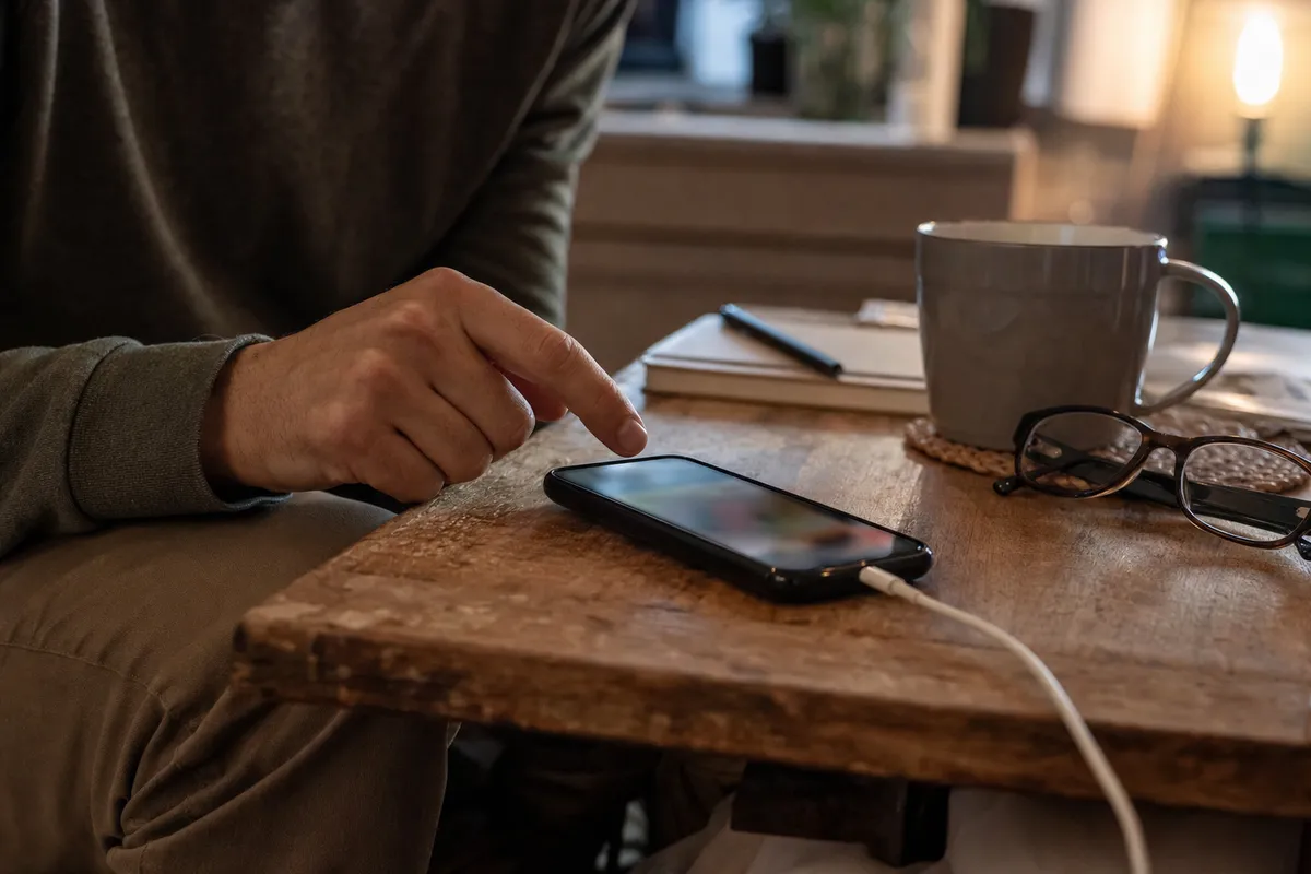 Mano che indica uno smartphone in carica su un tavolo di legno, accanto a tazza, occhiali e taccuino
