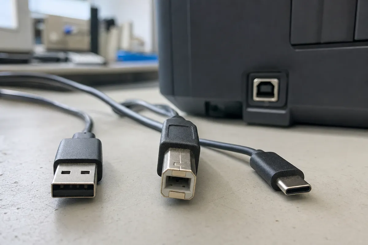 Connettori USB-A, USB-B e USB-C su una scrivania, con una stampante sfocata sullo sfondo