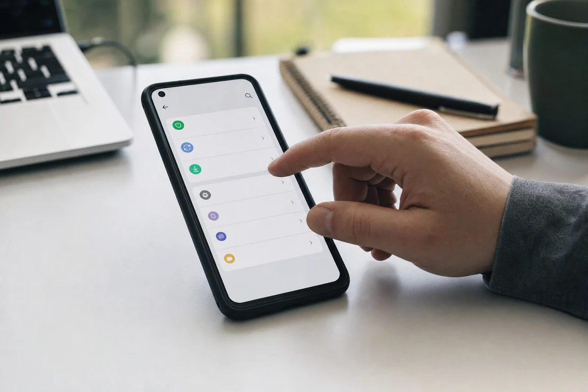 Mano che tocca lo schermo di uno smartphone con menu impostazioni, su scrivania accanto a laptop e taccuino