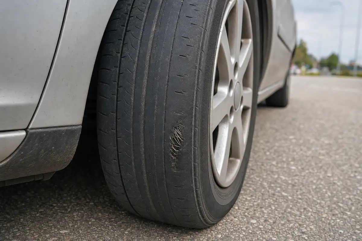 Primo piano di uno pneumatico auto molto usurato con fili metallici visibili nel battistrada