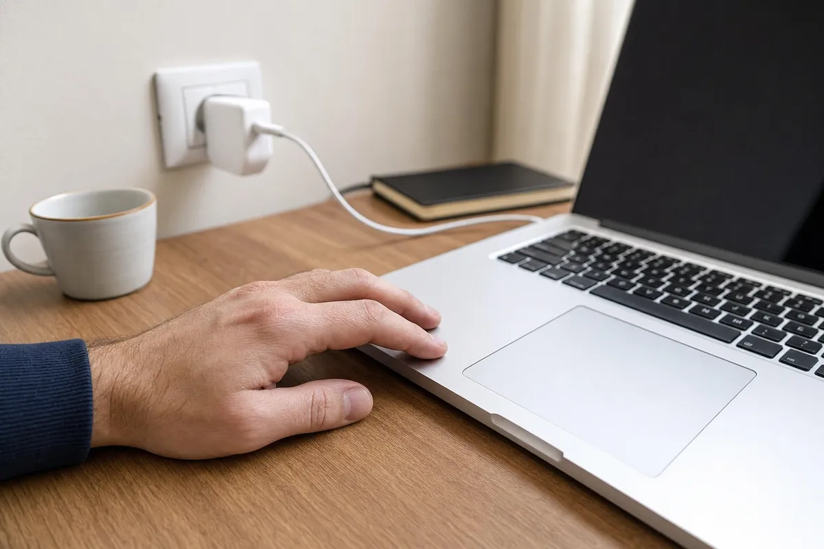 Mano che tocca la scocca di un laptop in alluminio collegato alla presa, su scrivania in legno