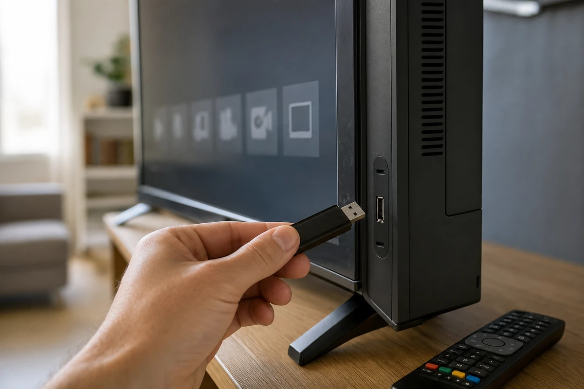 Mano con chiavetta USB vicino alla porta USB laterale di un televisore, con telecomando sul mobile