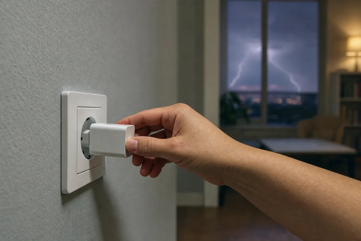 Mano che stacca un caricatore bianco dalla presa a muro, con un temporale e un fulmine visibili dalla finestra