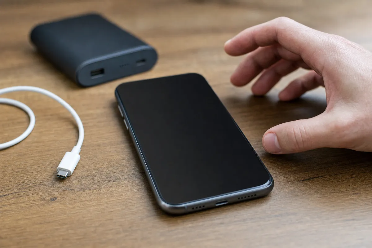 Smartphone con schermo nero su tavolo in legno, cavo di ricarica vicino e mano che si avvicina