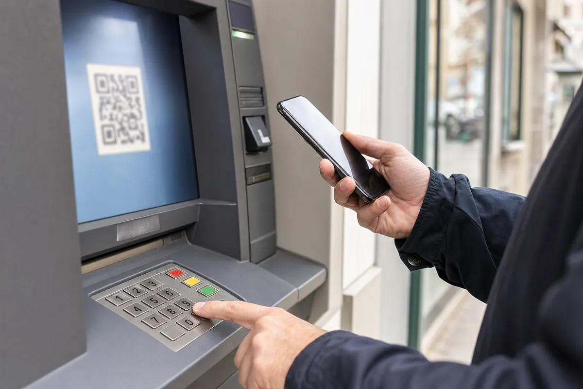 Mano che preme il tasto 9 del bancomat mentre uno smartphone è pronto a scansionare un QR code sullo schermo