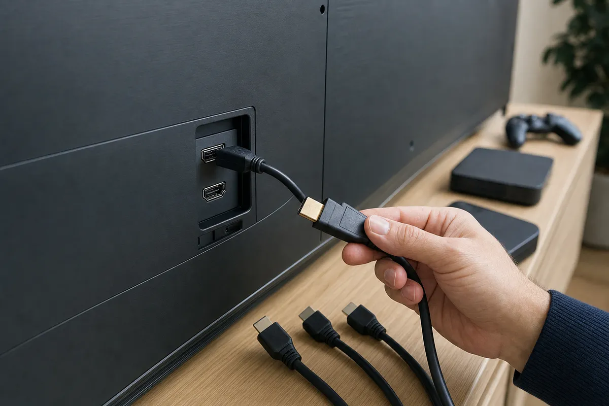 Retro di una TV con due porte HDMI visibili, un cavo inserito e una mano che avvicina un altro connettore