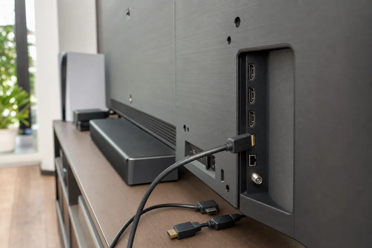Retro di una TV con porte HDMI visibili e un cavo collegato, altri cavi appoggiati sul mobile