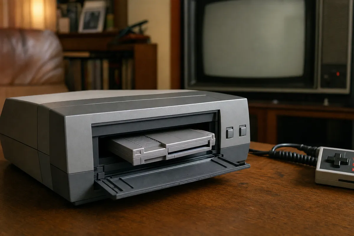 Console grigia a caricamento frontale con sportello aperto e cartuccia inserita su un tavolo, con TV CRT sullo sfondo