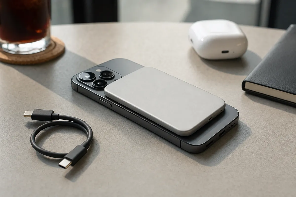 Power bank magnetico ultra sottile attaccato sul retro di uno smartphone, con cavo USB-C su un tavolo