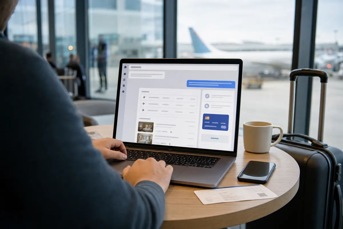 Viaggiatore in aeroporto usa un laptop con chat e opzioni di volo e hotel, con smartphone, caffè e trolley
