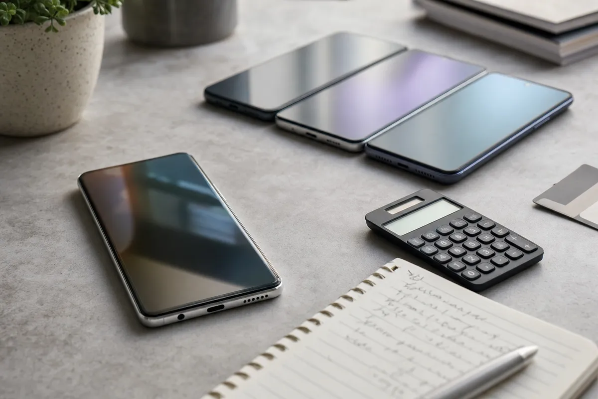 Quattro smartphone su un tavolo con calcolatrice e taccuino, uno in primo piano e tre affiancati sullo sfondo