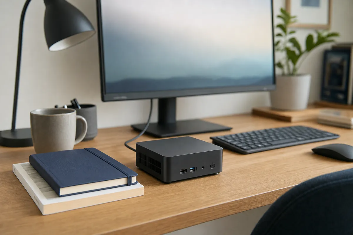 Mini PC nero compatto su scrivania in legno, accanto a quaderno e libro, con monitor, tastiera e mouse sullo sfondo